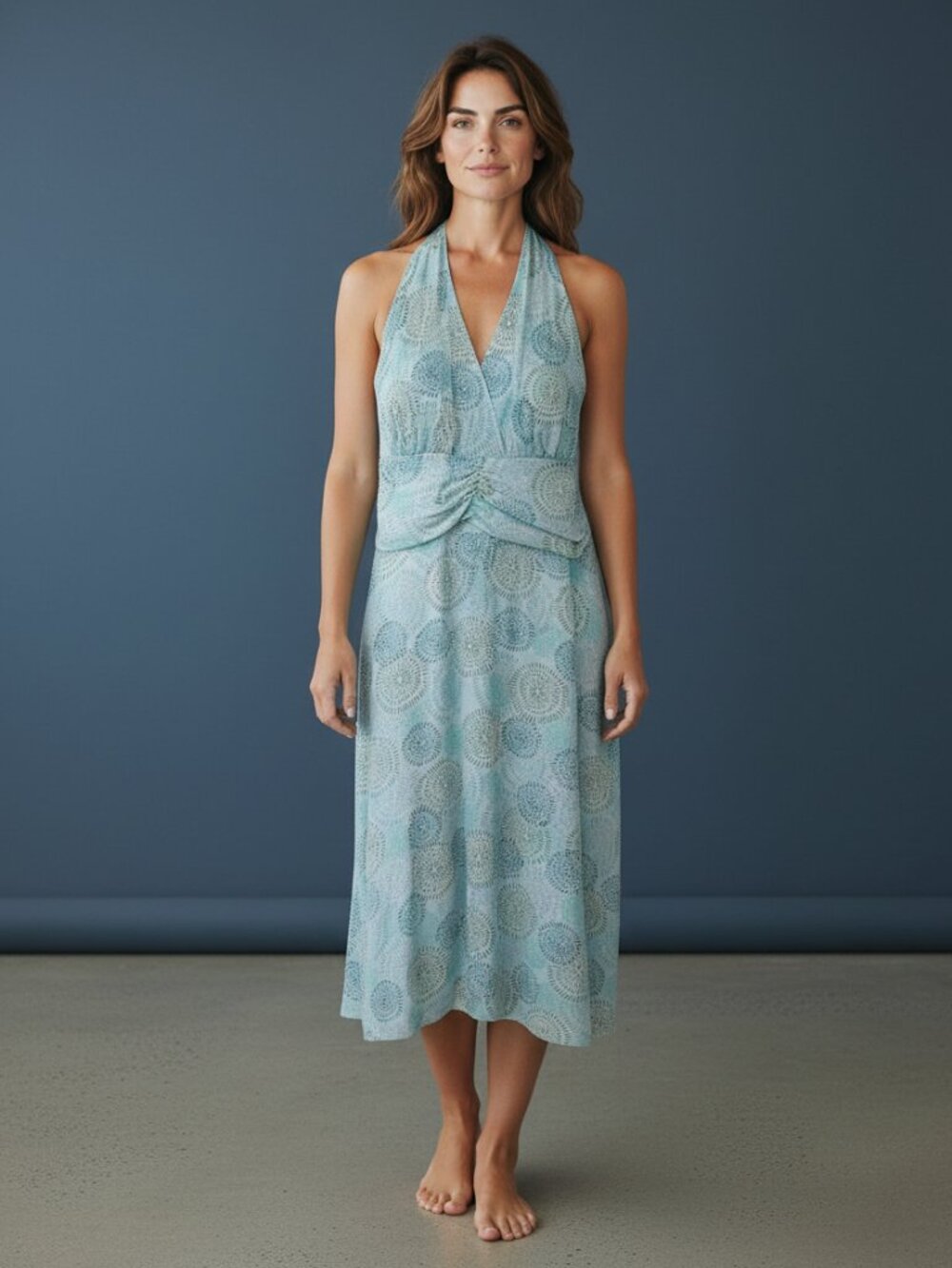 Sleeveless Aqua Midi Dress with Halter Tie